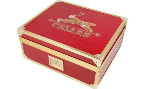 Humidor für 40 Zigarren, Zigarrenkistehalter aus spanischem Zedernholz, mit Befeuchter, Hygrometer - rot, mit goldfarbenem Metallrahmen, Angelo