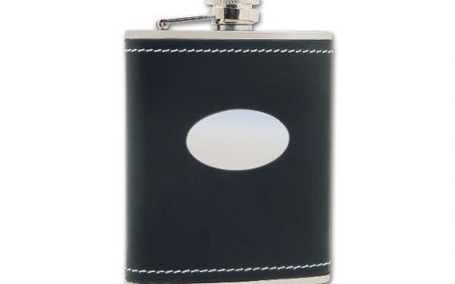 Taschenflasche - schwarz Leder mit Gravur-Feld (180ml)